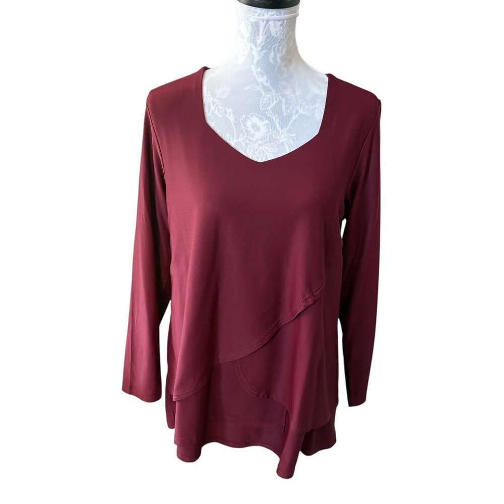 Lulu-B Womens Long Sleeve Stretchy Top Asymmetrical Burgundy Medium